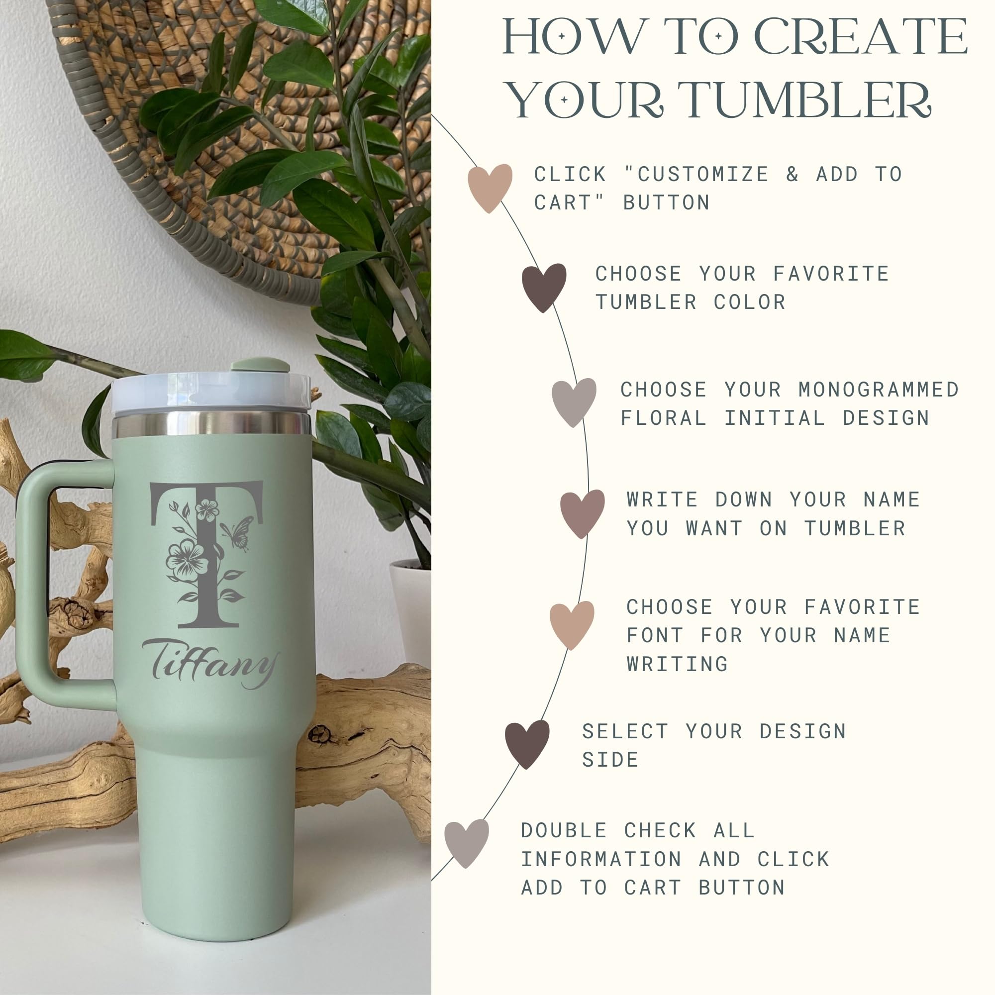 FcCraft Personalized Tumbler With Engraved Name, Monogrammed Gifts For Women Christmas, Custom 40 Oz Initial Thermos With Handle, Birthday Gifts For Women Cup, Bridesmaid Gifts Coffee Mug With Straw