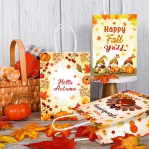 JUESMOS 12PCS Thanksgiving Paper Gift Bags 8.3" Hello Autumn Fall Gift Bags with Handles Turkey Pumpkin Leaves Treat Bags Candy Goodie Bags for Thanksgiving Fall Baby Shower Birthday Party Decor