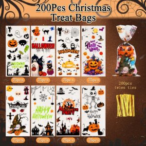 shynek 200 Pcs Halloween Treat Bags for Candy, Halloween Cellophane Goodie Bags Bulk Plastic Clear Candy Bags Trick or Treat bags with Twists for Halloween Party Favors Snacks Cookies Packing