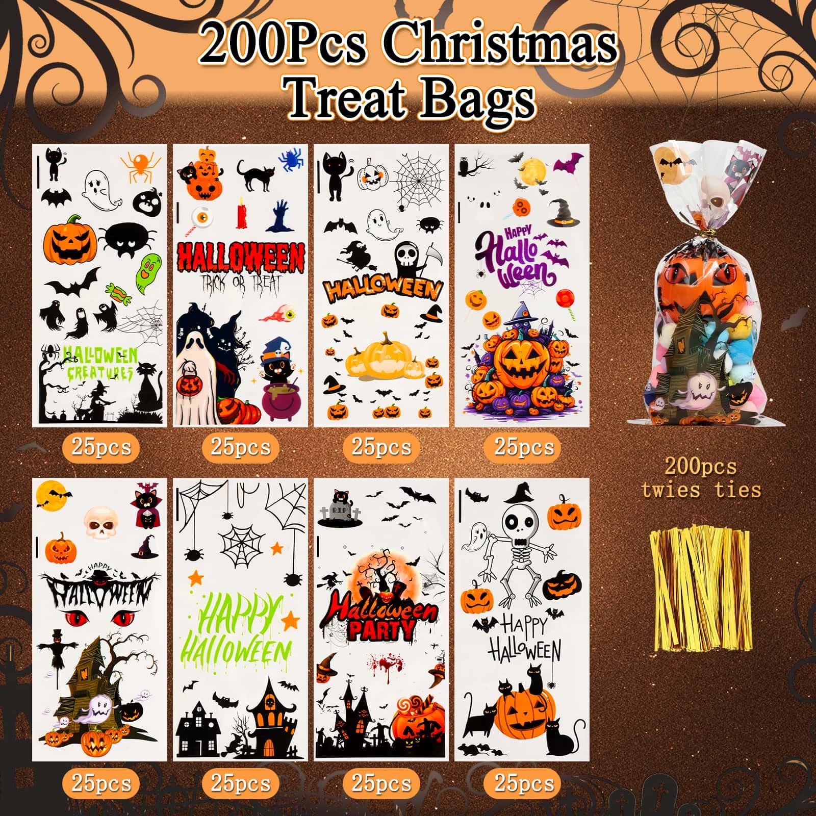 shynek 200 Pcs Halloween Treat Bags for Candy, Halloween Cellophane Goodie Bags Bulk Plastic Clear Candy Bags Trick or Treat bags with Twists for Halloween Party Favors Snacks Cookies Packing