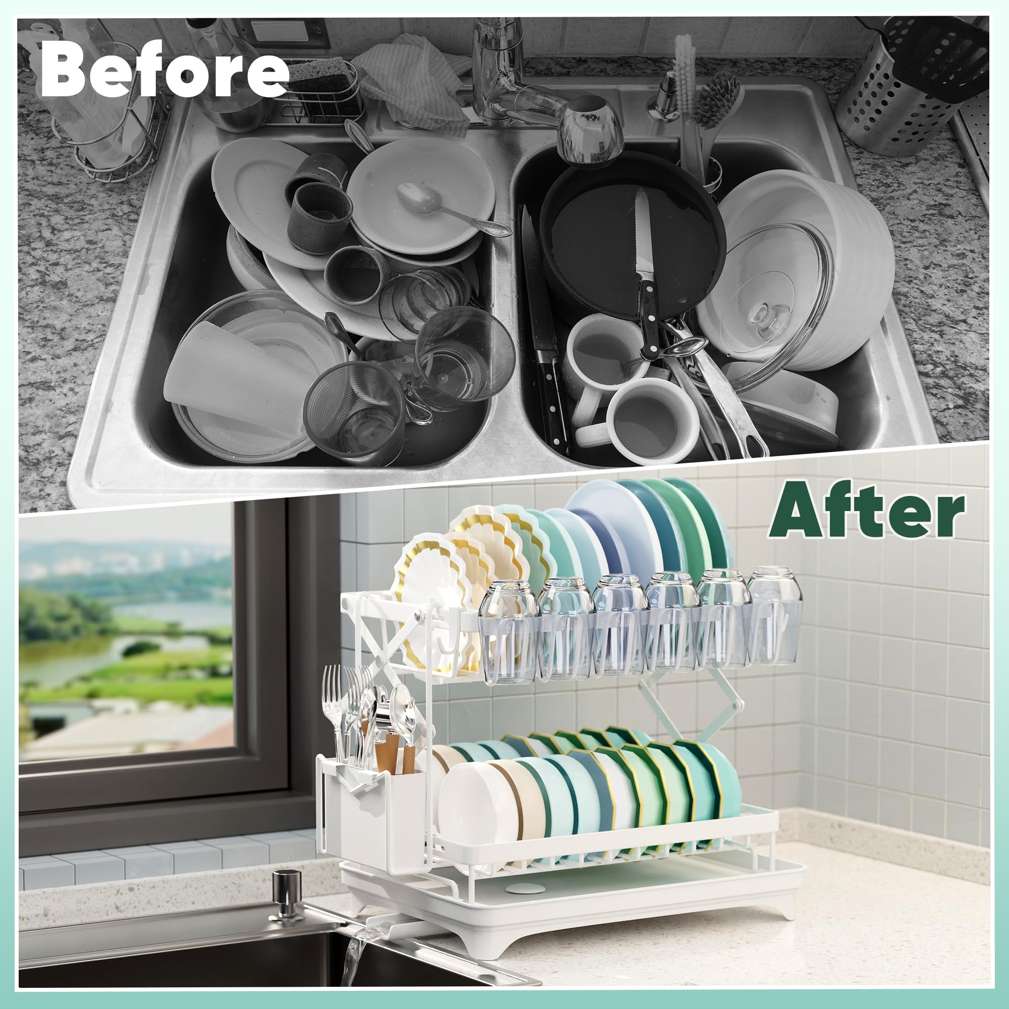 Dish Drying Rack Collapsible & Rustproof, 2 Tier Dish Rack with Drainboard, Wine Glass Holder & Utensil Holder, Dish Racks for Kitchen Counter, Dish Drainer, White