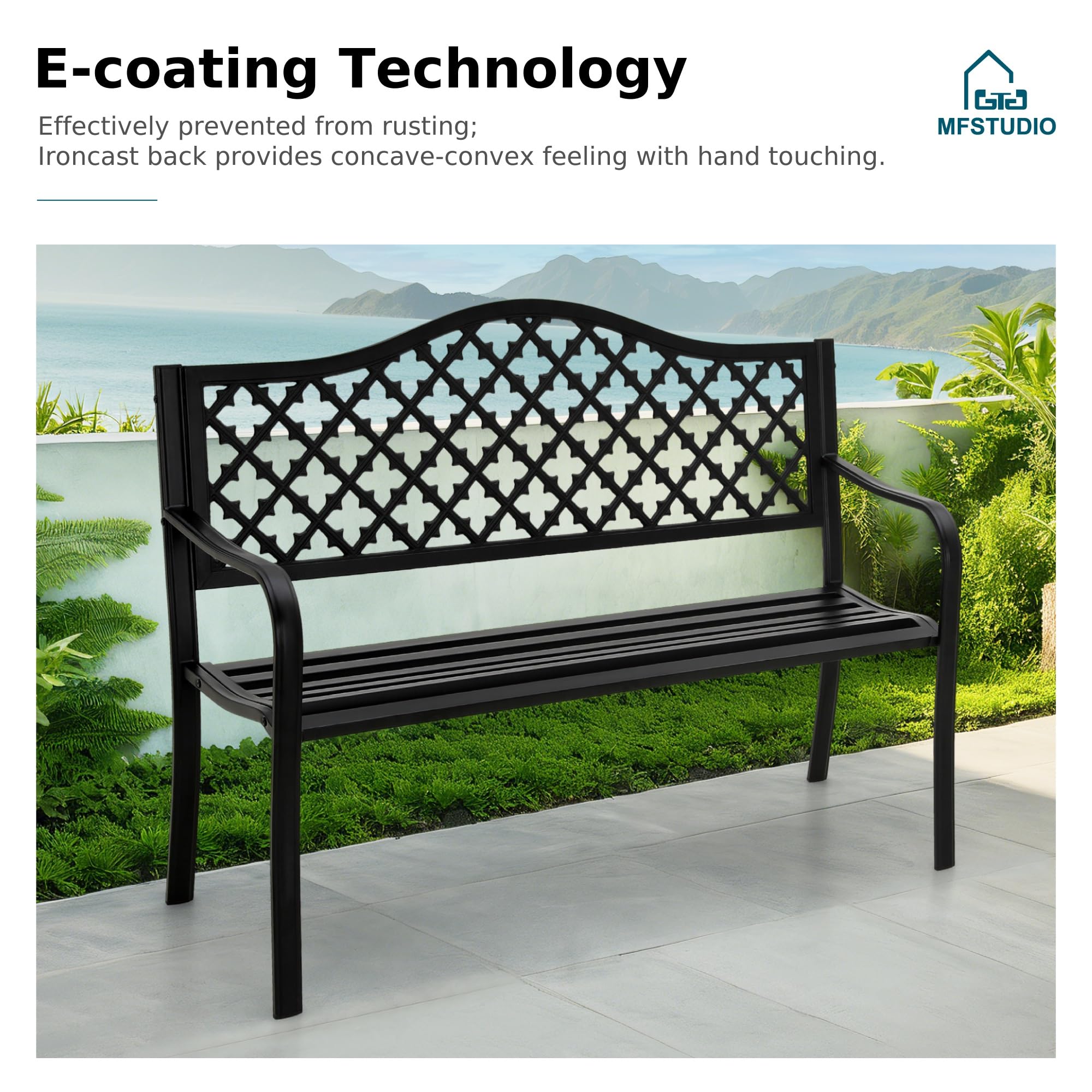 MFSTUDIO 50" Black Outdoor Metal Garden Bench, Cast Iron Frame Patio Furniture with E-Coating, Perfect for Porch and Yard