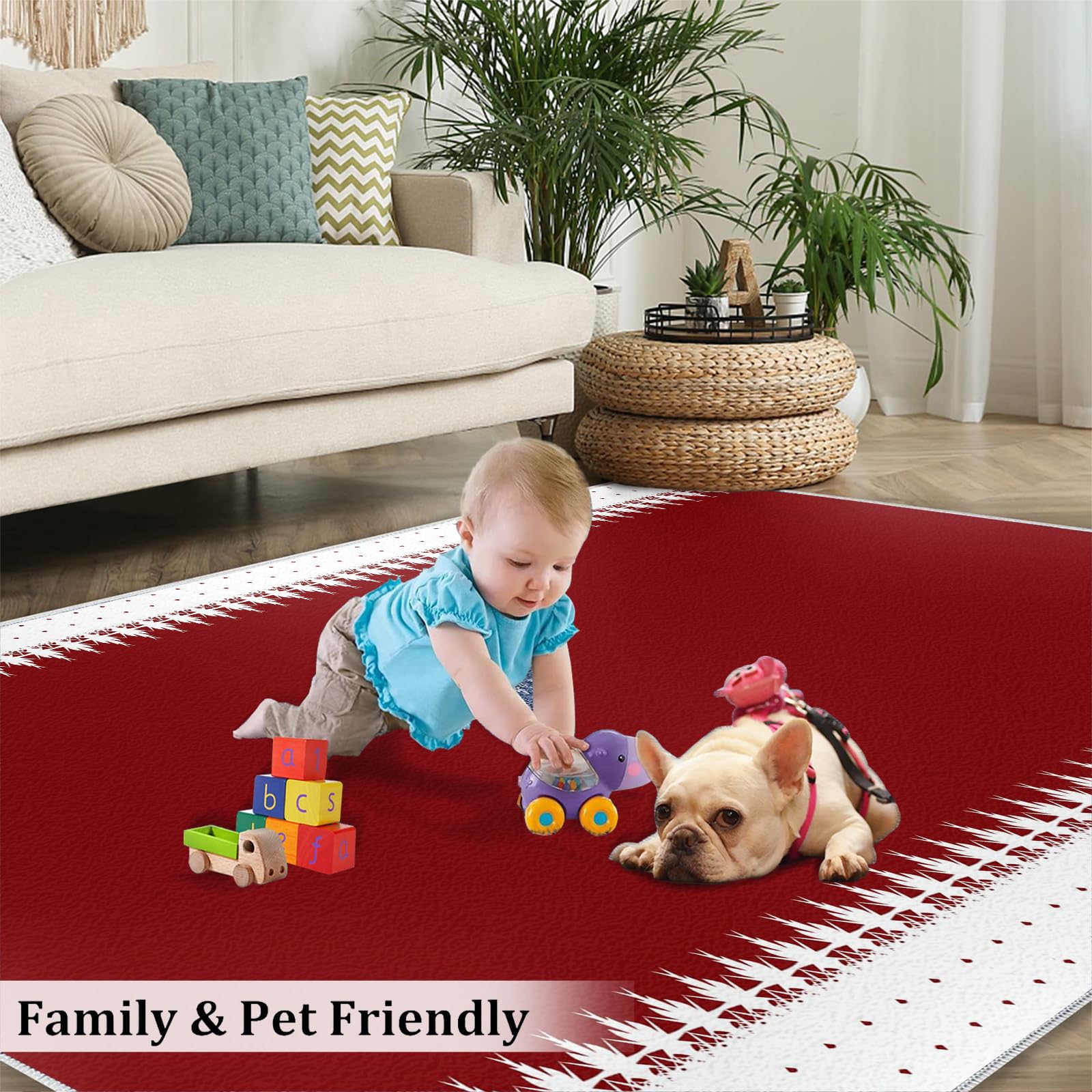 Christmas Festive Decor Red 3x5 Area Rug, Red and White Geometric Washable Carpet, Soft Non-Slip Foldable Hardwearing Mat for Living Room Bedroom Entryway Hallway Porch Apartment