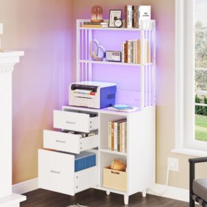 yitahome 3 tier bookcase, bookshelf with lighting, file cabinet with charging station, 3 drawer wood filing cabinet, printer stand with open storage shelves for home office, white