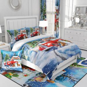 Red Truck Duvet Cover Queen Size,Snowman Dog Comforter Cover with 2 Pillowcase for Teens Adults,Kids Christmas Tree Bedding Set,Xmas Theme Breathable 3 Pcs Decorative Bed Cover(No Comforter)