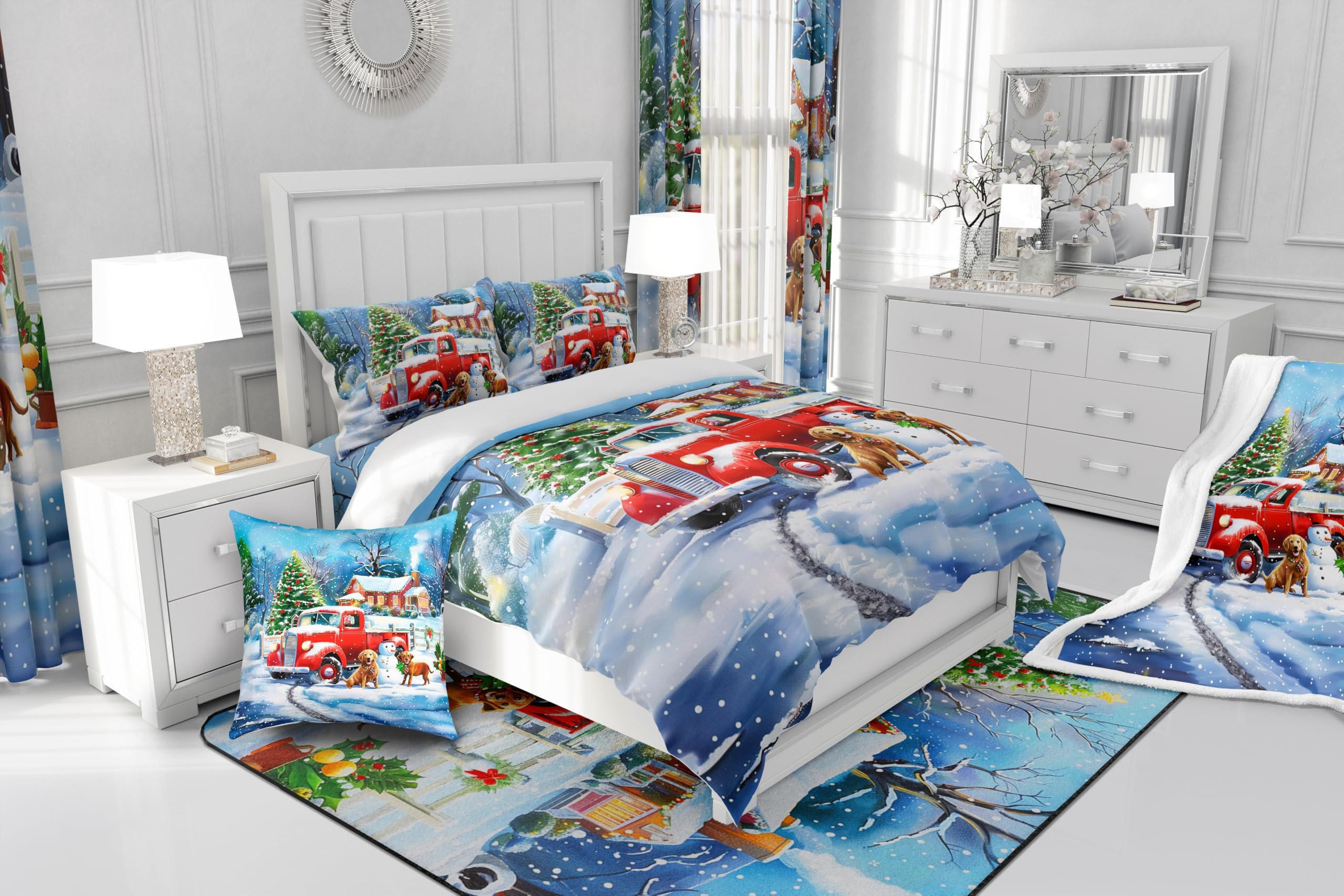 Red Truck Duvet Cover Queen Size,Snowman Dog Comforter Cover with 2 Pillowcase for Teens Adults,Kids Christmas Tree Bedding Set,Xmas Theme Breathable 3 Pcs Decorative Bed Cover(No Comforter)