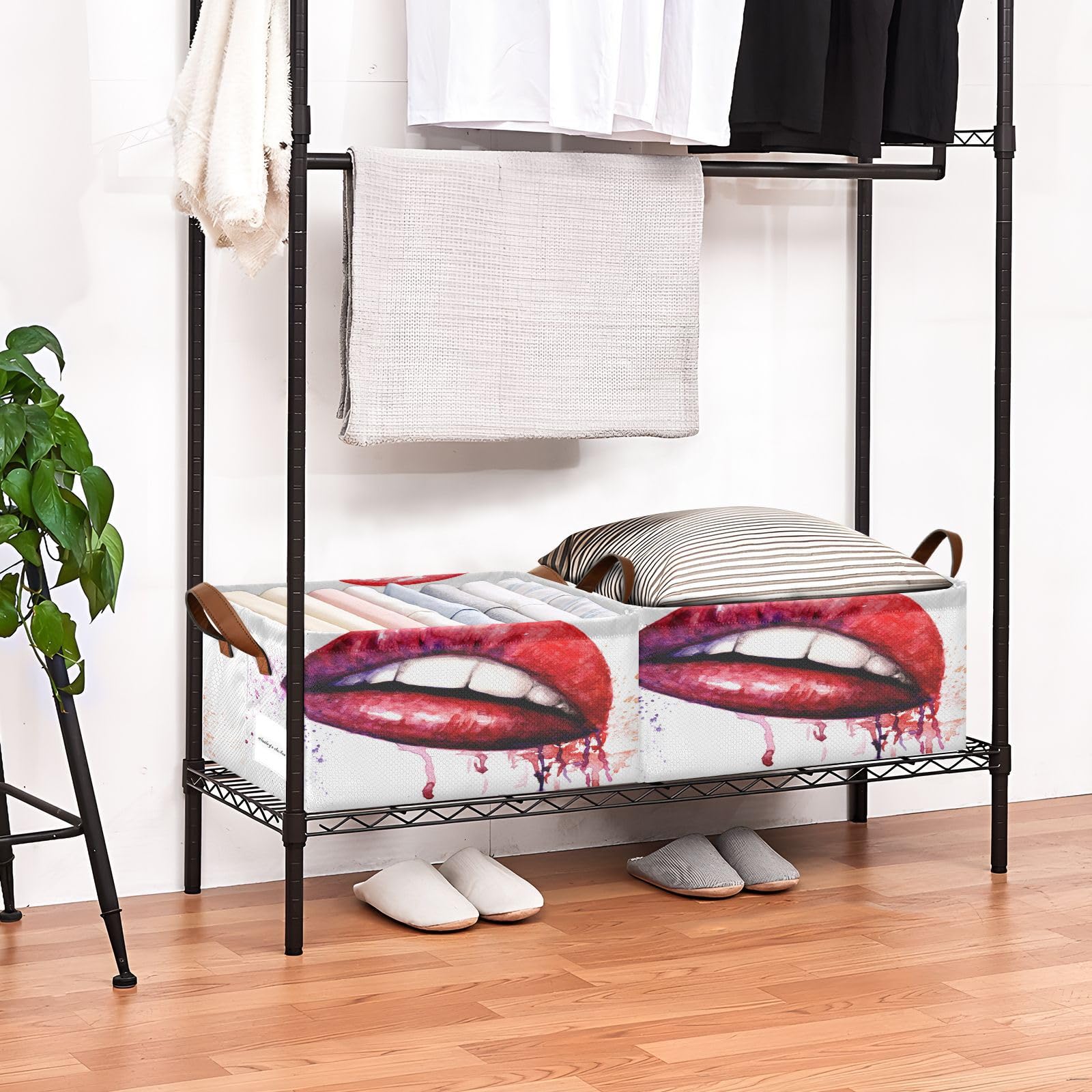 Exnundod Watercolor Red Lips Storage Bins Unique Attractive Funny Stroage Basket with Metal Frames Collapsible Storage Bin with Handles Organizing Closet Blanket Toys, 1PC