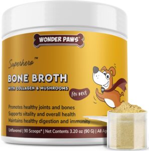 wonder paws bone broth for dogs – bone broth powder with organic mushrooms & collagen for digestion, immunity & joint support – tasty beef supplement for dogs of all ages, sizes & breeds – 3.20 oz