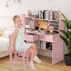 RUPOLX Childrens Computer Desk with 4 Drawers, Pink Kids Desk and Chair Set for 5-12 Year Old,Kids Study Table with Storage Shelf-oU6k6e