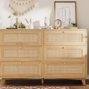 VIAGDO Rattan Dresser for Bedroom, 6 Drawer Dresser with Natural Rattan Drawers, Wooden Wide Dresser with Gold Handles, Modern Closet Dressers Chest of Drawers for Nursery Entryway Living Room