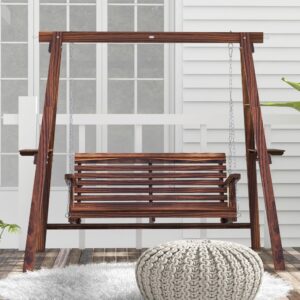 Outsunny 2-Seat Porch Swing Loveseat, Wooden Patio Swing Chair with Stand and Side Tables, for Garden, Poolside, Backyard, Carbonized