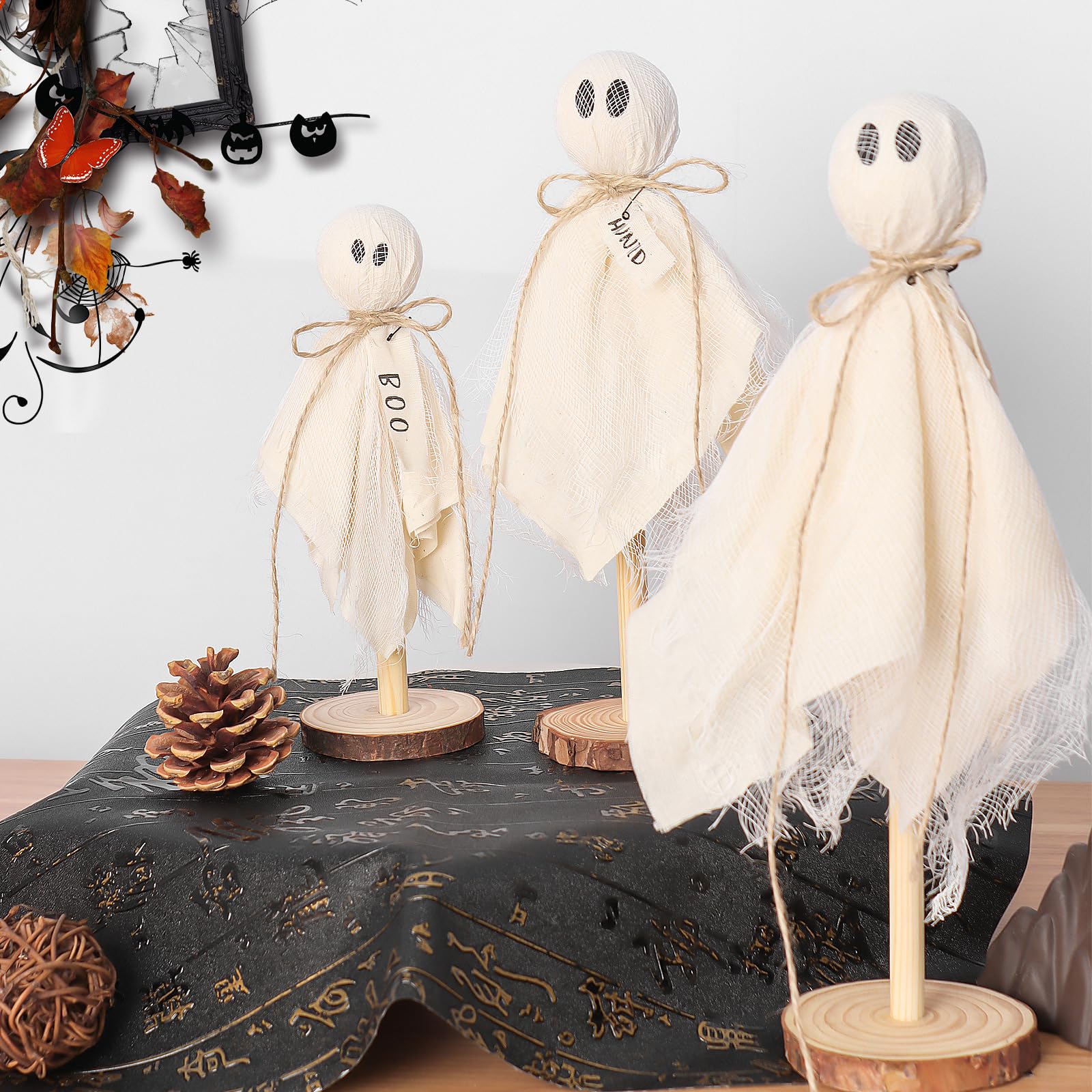 RERCIT 3 Pack Halloween Ghost Kits Decor Indoor with Wooden Stand, Halloween Centerpieces for Tables, Halloween Mantel Decorations