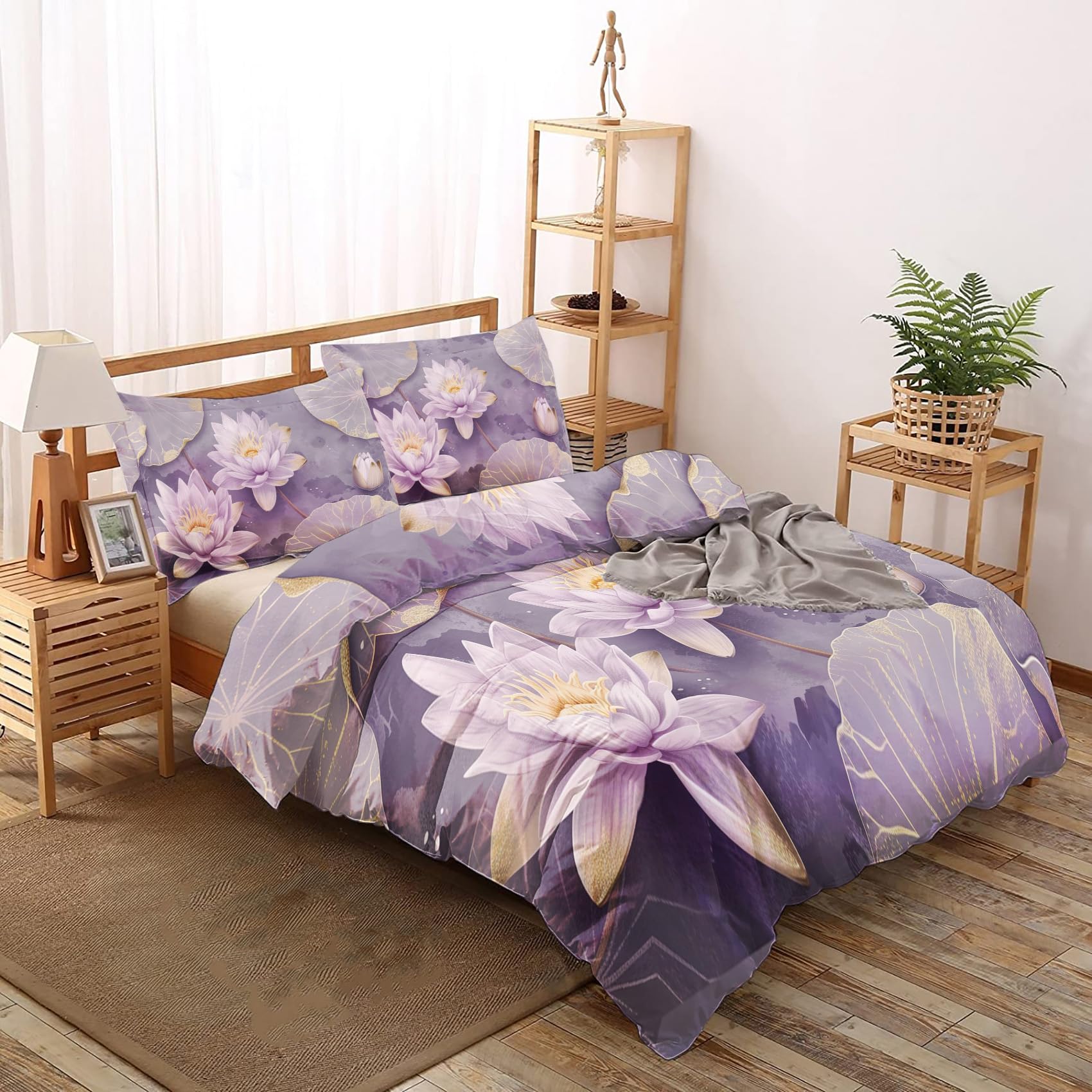 AopGlyvyr Lotus Flower Duvet Cover Twin Size, Floral Comforter Cover, Botanical Bedding Set, Breathable Duvet Cover with Zipper Closure, 3 Pieces with 1 Duvet Cover and 2 Pillowcase