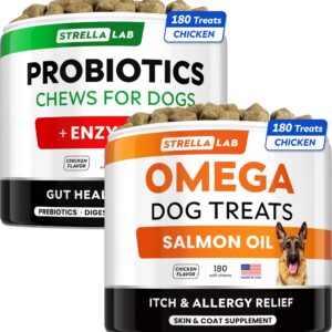 Omega 3 + Probiotics Dogs Bundle - Allergy & Itch + Improve Digestion & Immunity - Omega 3 & Pumpkin + Digestive Enzymes - Prebiotics - Itchy Skin + Itching & Licking Treats - 300 Chews - Made in USA