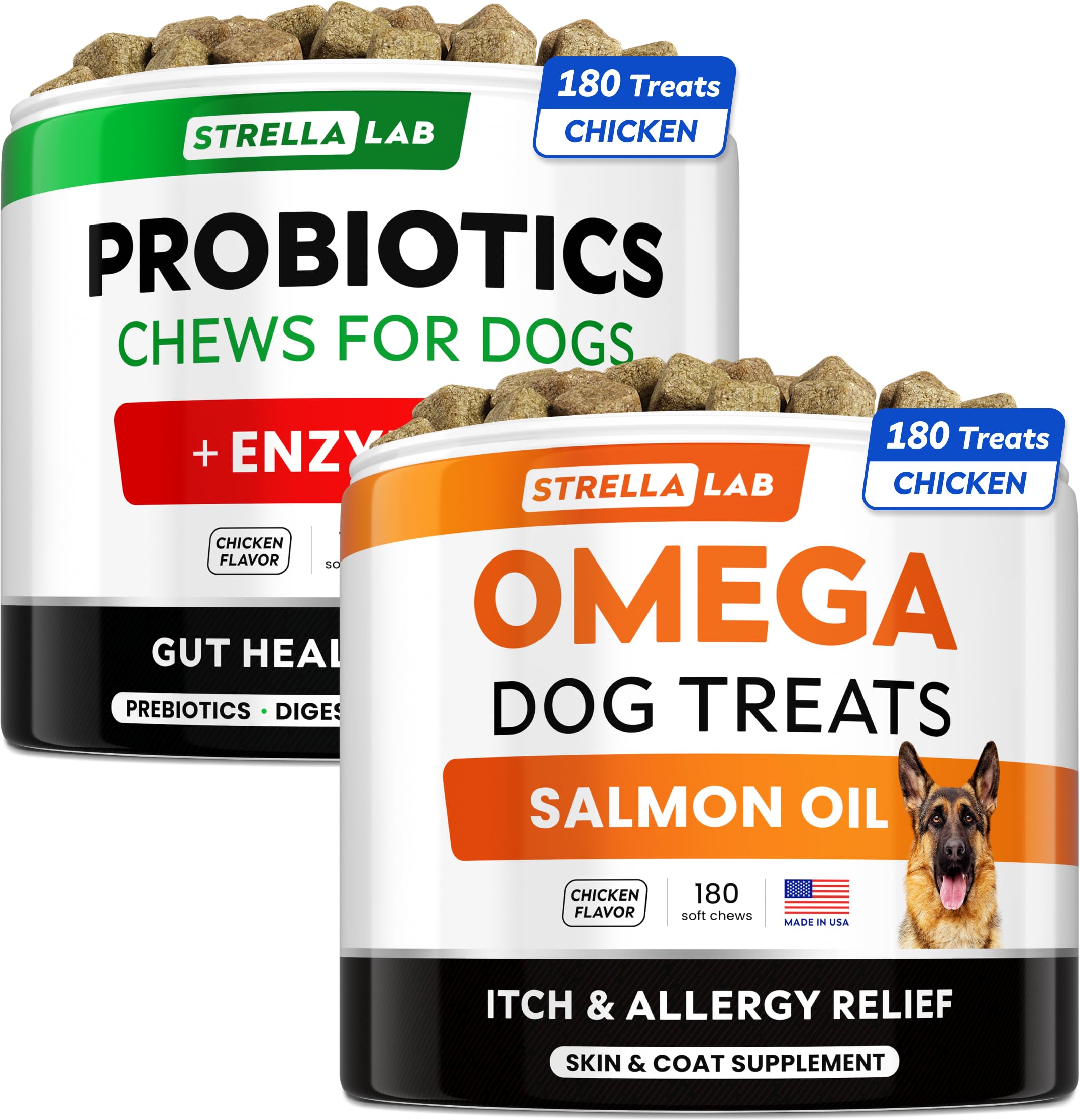 Omega 3 + Probiotics Dogs Bundle - Allergy & Itch + Improve Digestion & Immunity - Omega 3 & Pumpkin + Digestive Enzymes - Prebiotics - Itchy Skin + Itching & Licking Treats - 300 Chews - Made in USA