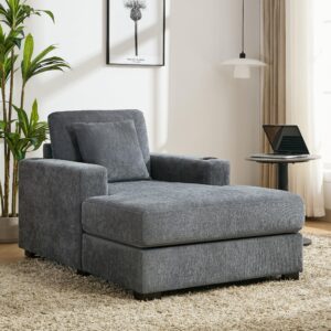 Oversized Chaise Lounge Chair Indoor with Cupholder and USB, 39.7" W Modern Cozy Upholstered Sofa Sleeper Couch Recliner, Comfy Arm Chair w/ Pillow for Living Room Bedroom Office (Blue Gray Chenille)