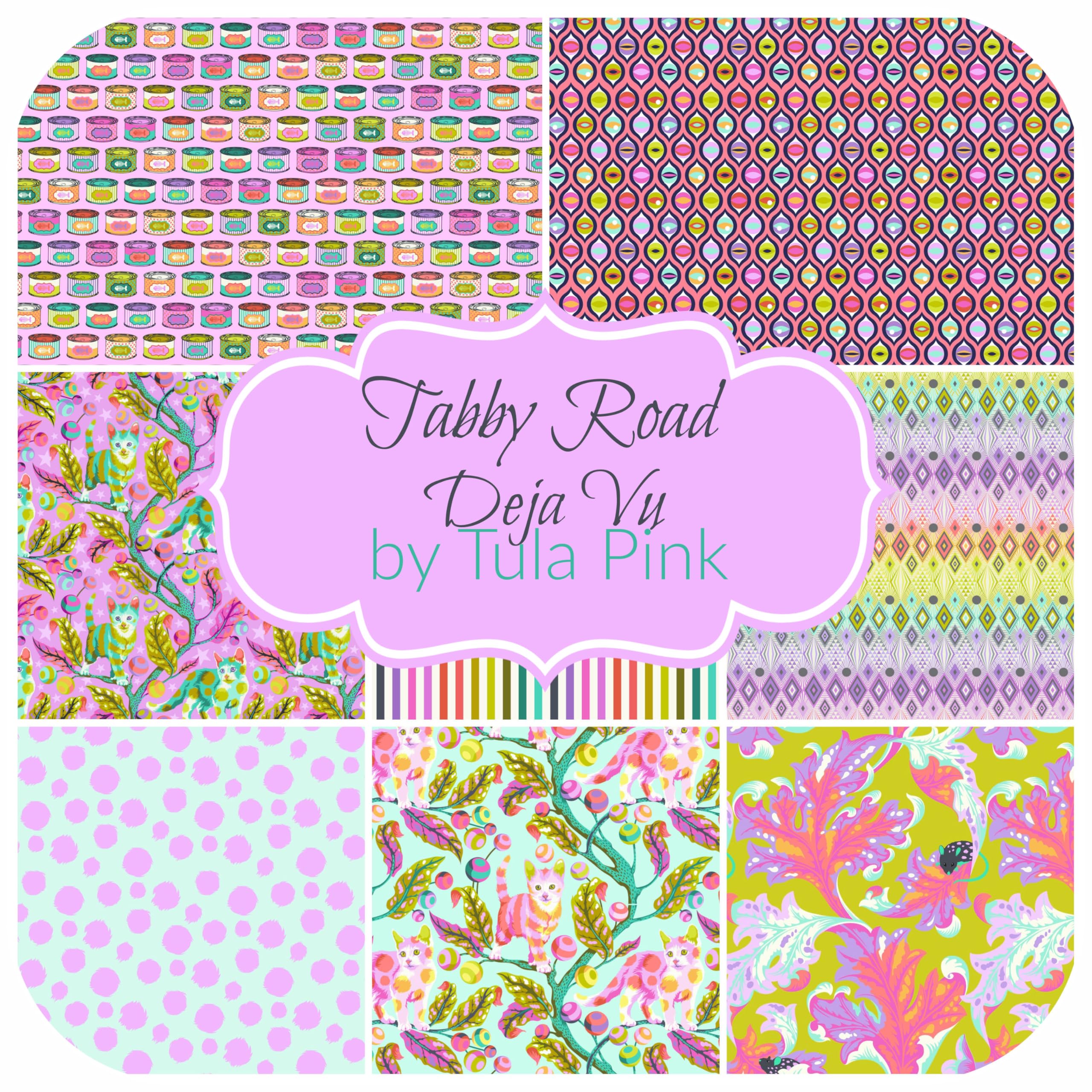 Tabby Road Deja Vu Fat Eighth Bundle (8 Pieces) by Tula Pink for Free Spirit 9 x 21 inches (22.86 cm x 53.34 cm) Fabric cuts DIY Quilt Fabric