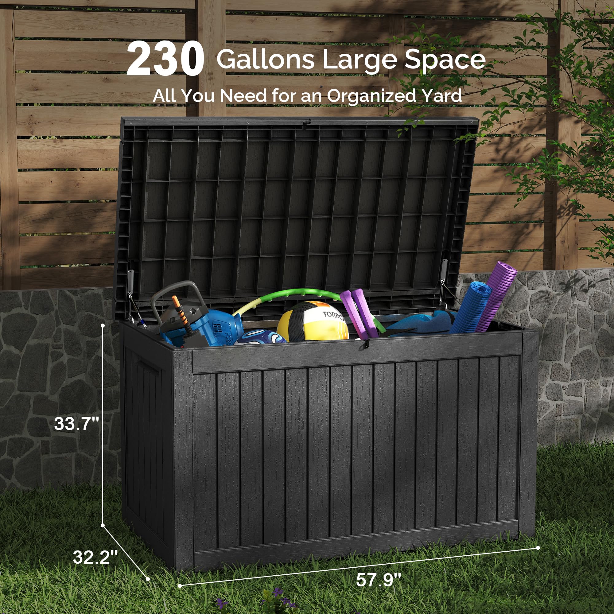 Sersper 230 Gallon Outdoor Storage Box, Large Deck Box with Gas Struct, Waterproof Resin Storage Bin for Patio Cushions, Pool Supplies, Lockable Box, UV Resistant, Black