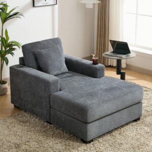 Oversized Chaise Lounge Chair Indoor with Cupholder and USB, 39.7" W Modern Cozy Upholstered Sofa Sleeper Couch Recliner, Comfy Arm Chair w/ Pillow for Living Room Bedroom Office (Blue Gray Chenille)