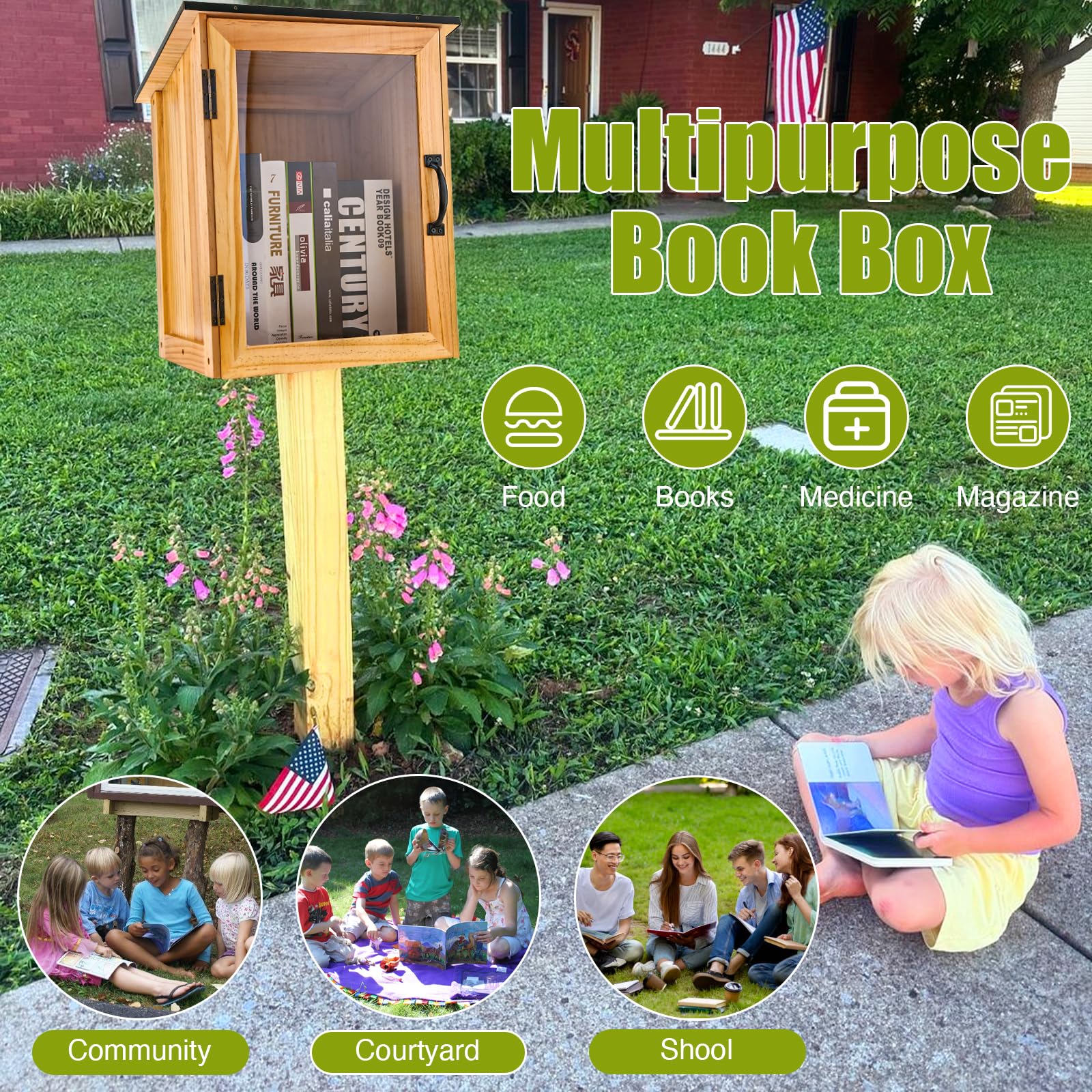 NatldGs Little Library Box Outdoor Kit - A Wooden Library Box and A Library Garden Flag for Sharing Books, Communication and Learning Between Neighbouring Communities