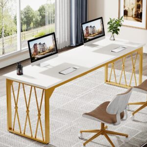 tribesigns 78.7-inch two-person desk extra long computer desk, double computer desk 2 person workstation table for home office (gold and white)