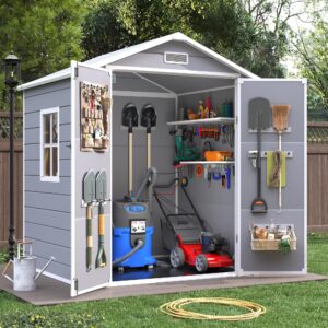 vonzoy outdoor resin storage shed, 6x4.5ft plastic storage sheds with floor, lockable door, window, waterproof tool sheds & outdoor storage outside for bike, garbage can,garden, grey white