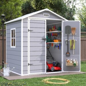 VONZOY Outdoor Resin Storage Shed, 6x4.5FT Plastic Storage Sheds with Floor, Lockable Door, Window, Waterproof Tool Sheds & Outdoor Storage Outside for Bike, Garbage Can,Garden, Grey White