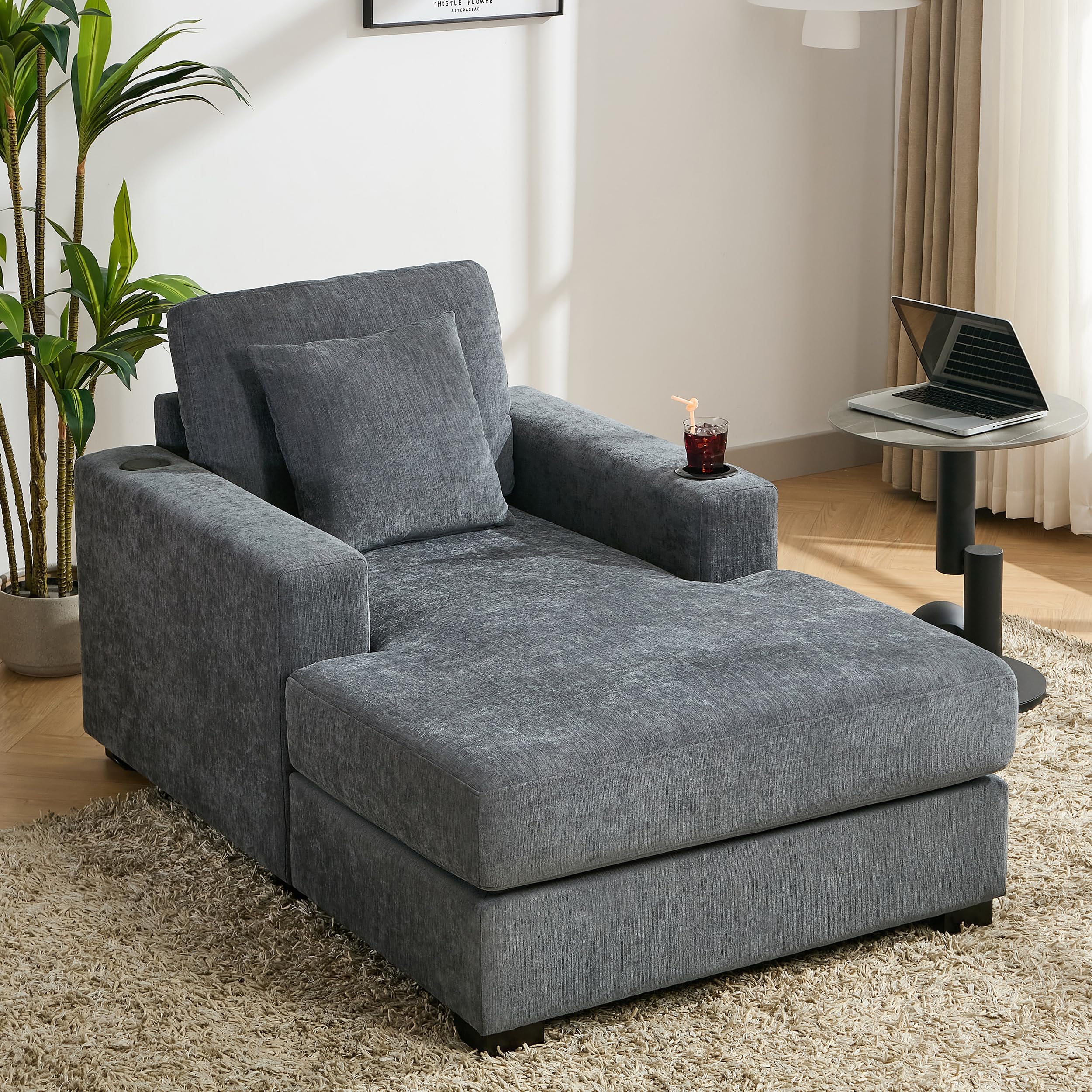 Oversized Chaise Lounge Chair Indoor with Cupholder and USB, 39.7" W Modern Cozy Upholstered Sofa Sleeper Couch Recliner, Comfy Arm Chair w/ Pillow for Living Room Bedroom Office (Blue Gray Chenille)