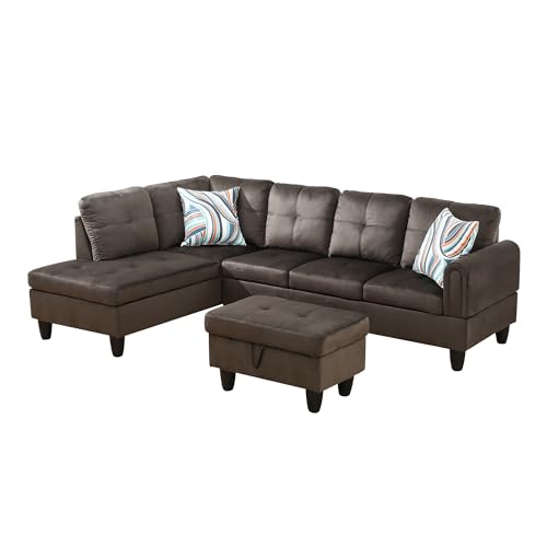 EOVTK L-Shape Upholstered Sectional Sofa Set with Left Facing Chaise Lounge and Storage Ottoman, 97'' Flannel Corner Couch for Living Room Furniture Apartment and Office, Dark Brown