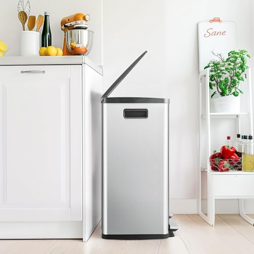 Homee 16 Gallon Trash Can Soft-Close Lid, Recycling Kitchen Trash Can with Foot Pedal and Removable Inner Bucket, 60 Liter Stainless Steel Waste Bin