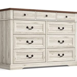 LINSY Dresser for Bedroom, 9 Drawers Bedroom Dresser Wood for Nursery, Tall Chest of Drawers, 53 Inch Wide Farmhouse Wood Dresser for Bedroom, Hallway, Closet, Living Room, Beige