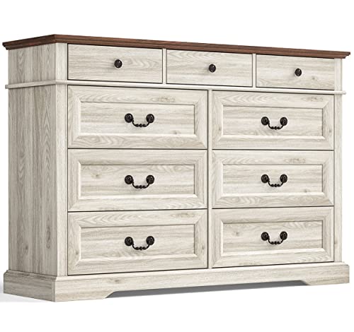 LINSY Dresser for Bedroom, 9 Drawers Bedroom Dresser Wood for Nursery, Tall Chest of Drawers, 53 Inch Wide Farmhouse Wood Dresser for Bedroom, Hallway, Closet, Living Room, Beige