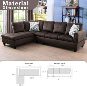 EOVTK L-Shape Upholstered Sectional Sofa Set with Left Facing Chaise Lounge and Storage Ottoman, 97'' Flannel Corner Couch for Living Room Furniture Apartment and Office, Dark Brown