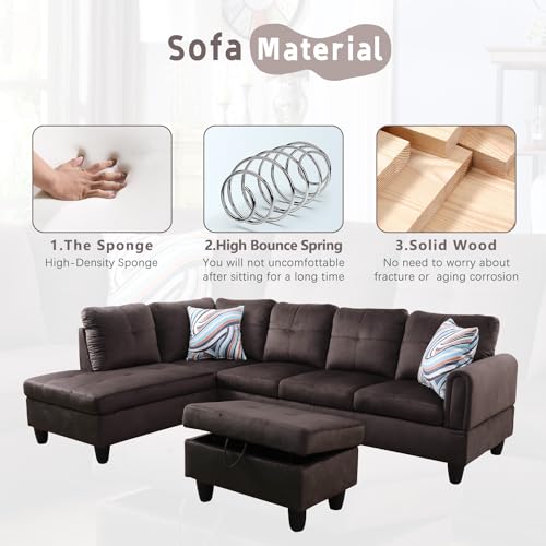 EOVTK L-Shape Upholstered Sectional Sofa Set with Left Facing Chaise Lounge and Storage Ottoman, 97'' Flannel Corner Couch for Living Room Furniture Apartment and Office, Dark Brown