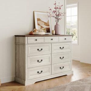 LINSY Dresser for Bedroom, 9 Drawers Bedroom Dresser Wood for Nursery, Tall Chest of Drawers, 53 Inch Wide Farmhouse Wood Dresser for Bedroom, Hallway, Closet, Living Room, Beige