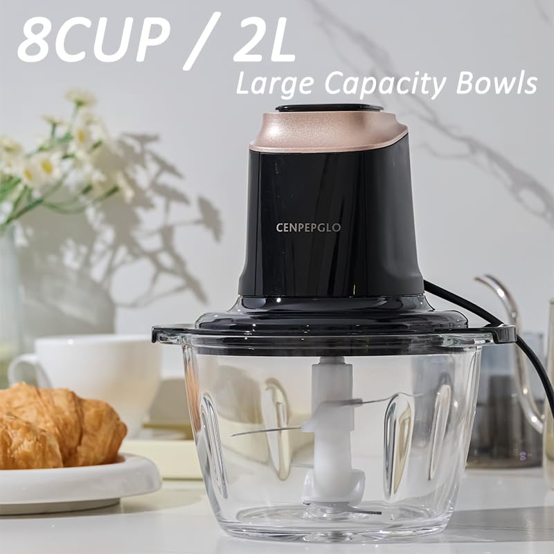 Cenpepglo Food Chopper, 8Cup Electric Food Processor, 400W Meat Grinder with 2L Glass Bowls and 2 Bi-Level Blades for Kitchen, Vegetable, Onion, Garlic, Salad, Baby Food, Fruit, Nuts (Black)