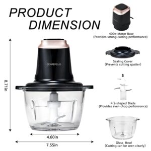 Cenpepglo Food Chopper, 8Cup Electric Food Processor, 400W Meat Grinder with 2L Glass Bowls and 2 Bi-Level Blades for Kitchen, Vegetable, Onion, Garlic, Salad, Baby Food, Fruit, Nuts (Black)