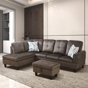 eovtk l-shape upholstered sectional sofa set with left facing chaise lounge and storage ottoman, 97'' flannel corner couch for living room furniture apartment and office, dark brown