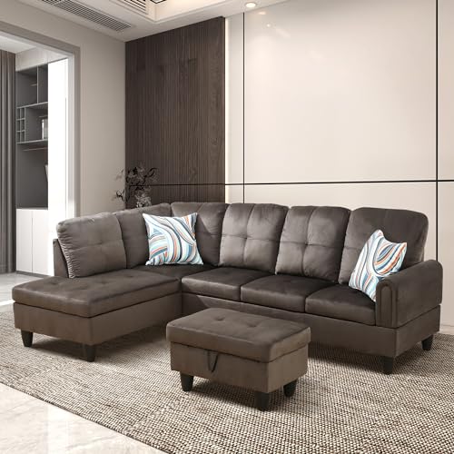 EOVTK L-Shape Upholstered Sectional Sofa Set with Left Facing Chaise Lounge and Storage Ottoman, 97'' Flannel Corner Couch for Living Room Furniture Apartment and Office, Dark Brown