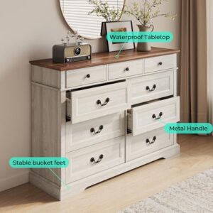 LINSY Dresser for Bedroom, 9 Drawers Bedroom Dresser Wood for Nursery, Tall Chest of Drawers, 53 Inch Wide Farmhouse Wood Dresser for Bedroom, Hallway, Closet, Living Room, Beige