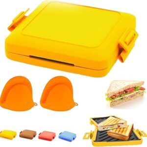 Microwave Toastie Sandwich Maker,Microwave Grilled Cheese Maker,Toastie Maker with Adjustable Silicone Straps,Dishwasher Safe,No Electricity,Wireles,Non-stick Coating for Sandwiches Hot Dogs (Yellow)