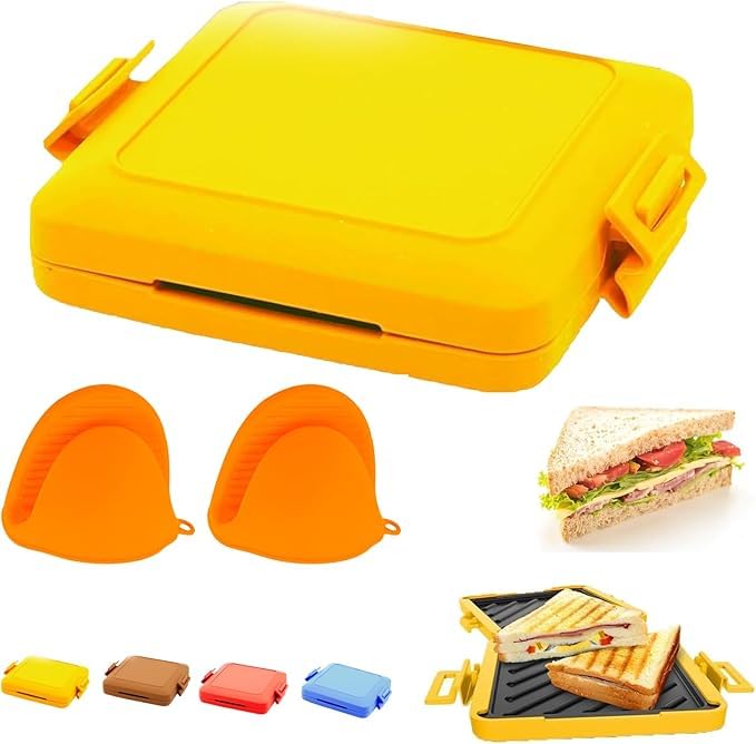 Microwave Toastie Sandwich Maker,Microwave Grilled Cheese Maker,Toastie Maker with Adjustable Silicone Straps,Dishwasher Safe,No Electricity,Wireles,Non-stick Coating for Sandwiches Hot Dogs (Yellow)