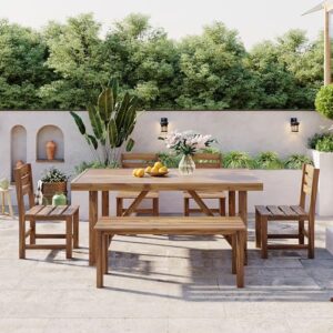 YOPTO Acacia Wood Outdoor Table and Chair Set,Outdoor Dining Sets with 4 Chairs and Bench, 6 Piece Patio Furniture Suitable for Patio,Balcony, Backyard,Natural