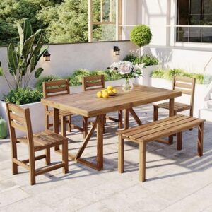 yopto acacia wood outdoor table and chair set,outdoor dining sets with 4 chairs and bench, 6 piece patio furniture suitable for patio,balcony, backyard,natural