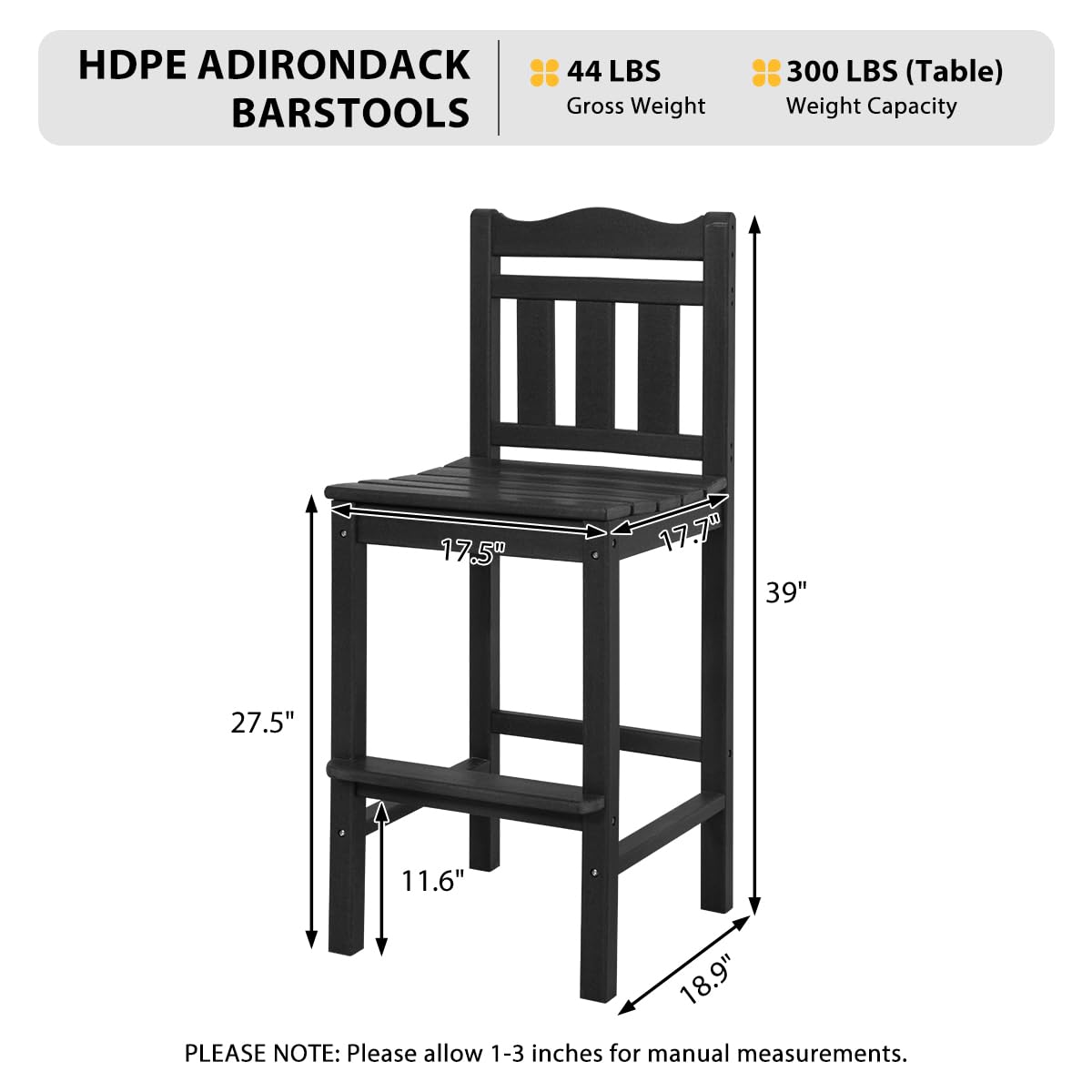 Sundale Outdoor Tall Adirondack Bar Chair Set of 2, HDPE Patio Bar Stools with Backrest, 27.5 Inch Seat Height Tall Bistro Dining Counter Stool, All-Weather Pub Height Chair, Black