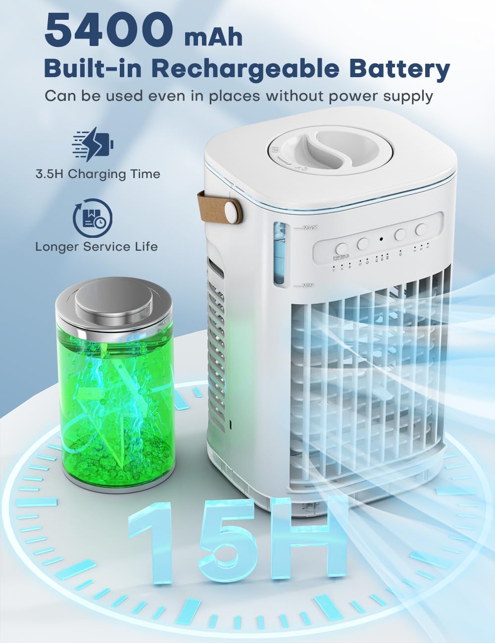 BALKO Small Air Conditioner, 5400mAh Built-in Battery Evaporative Air Cooler, 2 Ice Packs, 7H Timer Smart Auto-Off &Remote, 7 Lights, 1200ML Water Tank, 2-Level Mists, 3-Speed Personal Air Conditioner