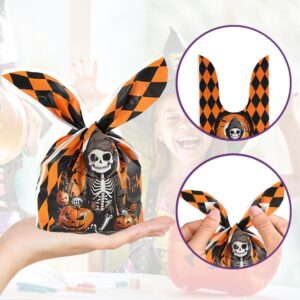 Yeabomy Halloween Treat Bags 100Pcs,6 Style Candy Bags Treat Bags Kids, Cute Rabbit Ear Plastic Goody Bags Halloween Bags for Trick or Treat Goodie Party Favor Gifts