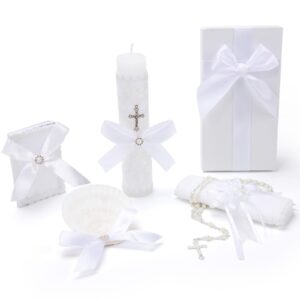 baptism candle set for boys and girls,white 5 pcs baptism kit catholic candle,baptism towel,shell,rosary,bible for baptismal christening first communion gift,velas para bautizo de niño o niña