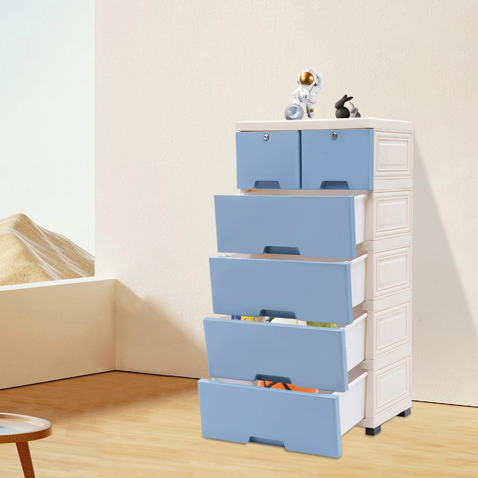 RIUOPN Plastic Drawers Dresser, 6 Drawers Tall Dresser for Bedroom with 4 Wheels, Clothes Organizer Tower Cabinet Lockable Organizer Drawers for Bedroom Living Room Office