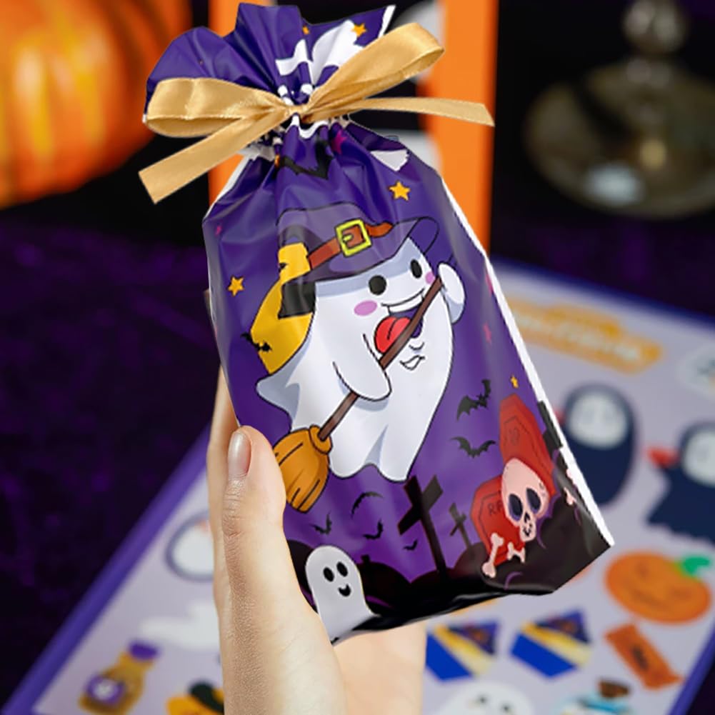 VIFOME 24 Pcs Halloween Bags Ghost Bags Halloween Trick Treat Bags Plastic Bags with Ribbons for Gift Wrapping Halloween Party Decoration